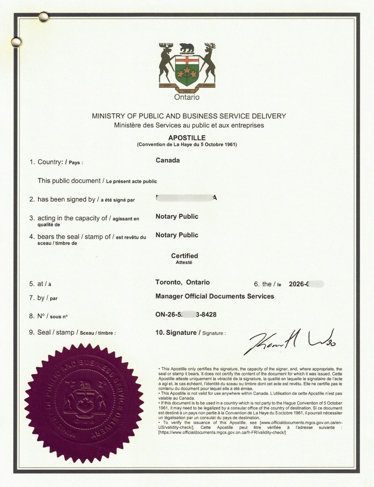 Apostille certificate on a notarized Ontario document — sample