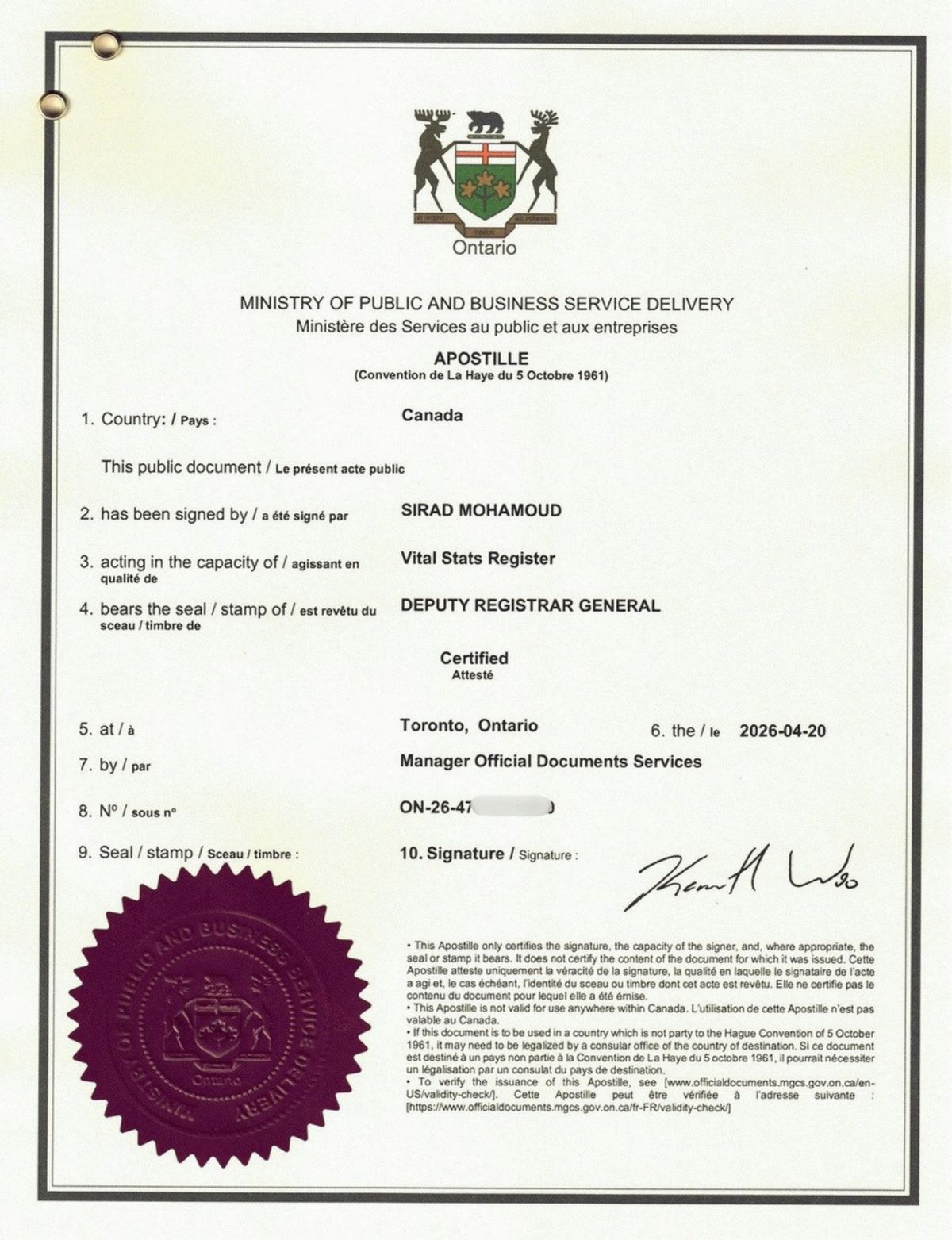 Apostille certificate on an original Ontario death certificate — sample