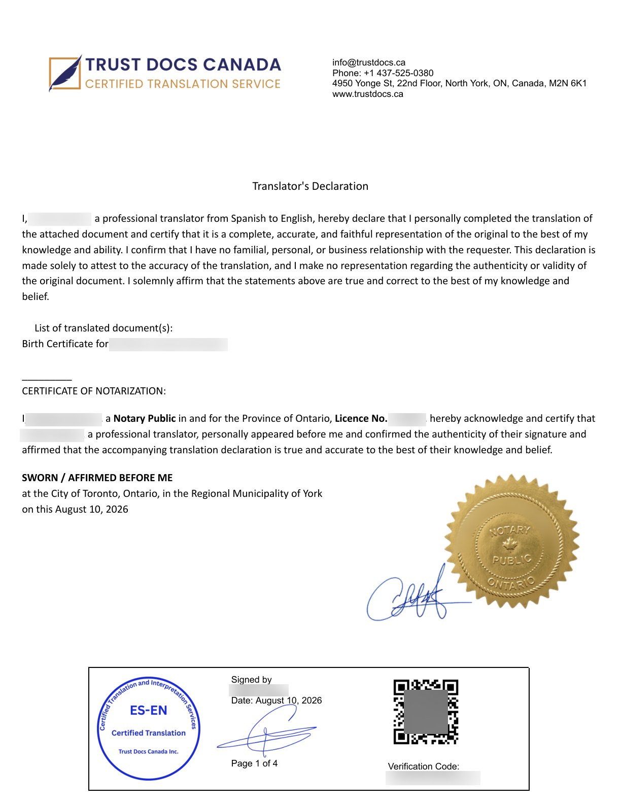Certified translation sample (personal details blurred for privacy)